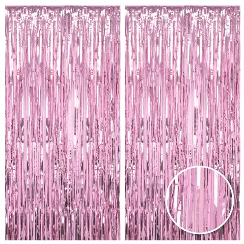 3.2ft X 6.5ft Pink Metallic Tinsel Curtains Backdrop Streamer | Background Foil Fringe Curtain for Birthday Party Wedding Decoration