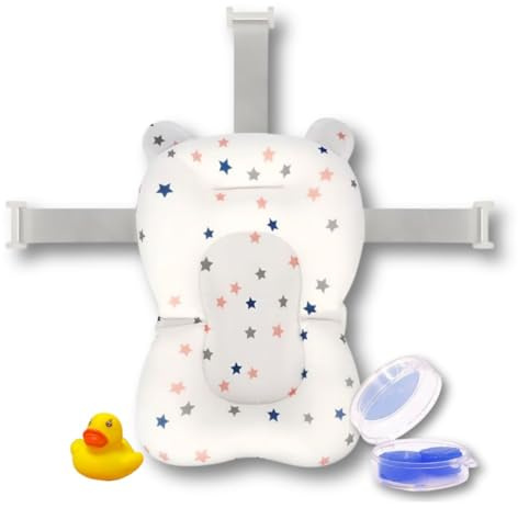 BATHBY | Cojín para Bañera de Bebé – Asiento Ergonómico Ajustable y Portátil con Malla Antideslizante, Almohada Reductora, Hamaca de Ducha con Diseño de Estrellas + Patito de Goma (Tapones Oídos)