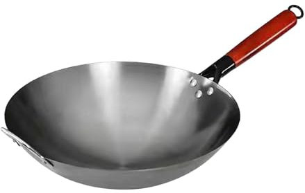 perfk Wok Pan Wok Chino con Mango de Madera Cocina de Inducción Manual de Cocción Sartén de Hierro Forjado Sin Recubrimiento Sartén para Saltear Wok, 32cm