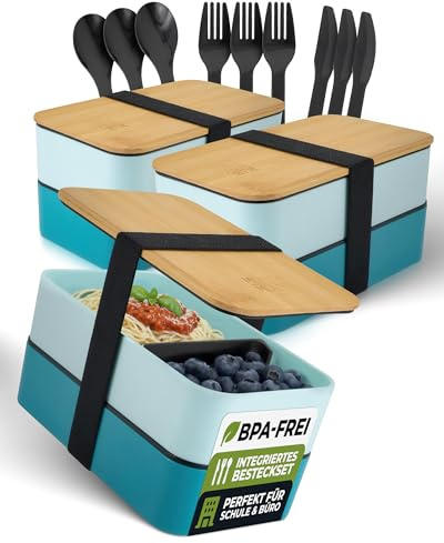 Moritz & Moritz 3er Set Bento Box Kinder in Blau - Perfekte Lunchbox für Kinder und Erwachsene - Brotdose mit Fächern - Ideal für die Arbeit, Schule und unterwegs