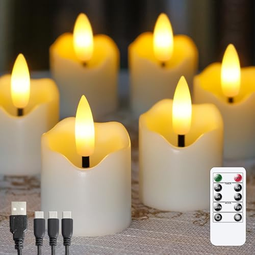 Zevanor Wiederaufladbare flammenlose Fernbedienung 4cm x4,3cm Teelicht LED-Kerzen, flackernde Kunststoff Elfenbein Timerfunktion Packung von 6 Votiv Teelicht Kerzen mit Ladekabel