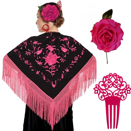 Genérico Manton de Manila Mujer Flamenca, Manton Bordado+Rosa Flamenca para el Pelo+Peineta Flamenco+Accesorios Feria de Abril