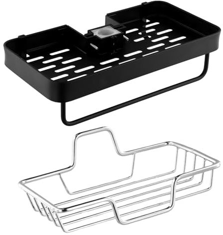 Hoxfly Estanteria de Ducha, Soportes Colgantes de Accesorios, Jabonera para Barra de Ducha de Acero Inoxidable, Sin Taladrar Organizador Baño para Hoteles, Cocina, Restaurante (Negro, Plata)