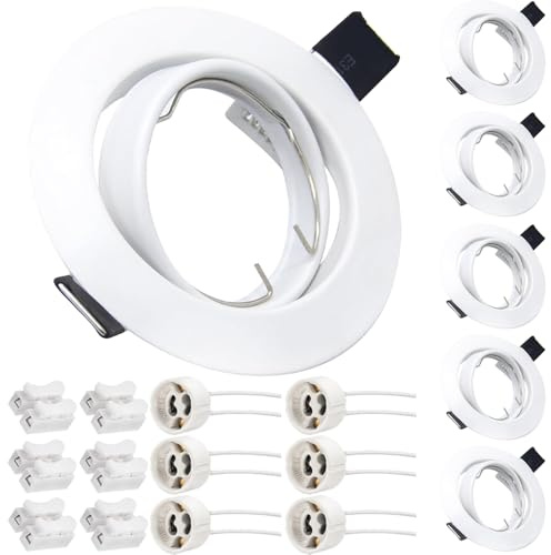 Xiatiaosann LED Recessed Ceiling Light Mounting Frame Round with GU10 Lamp Holder, White Spotlight Trim Ring for GU10, MR16 Bulb, with GU10 Socket, Wire Connectors (6 Pack)