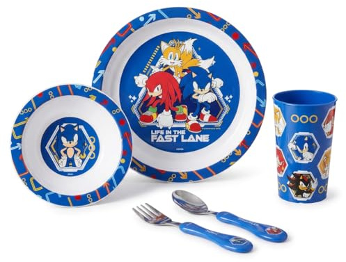 Juego de vajilla de polipropileno de 5 piezas con licencia oficial, sin BPA, duradera, ligera y apta para niños, Sonic