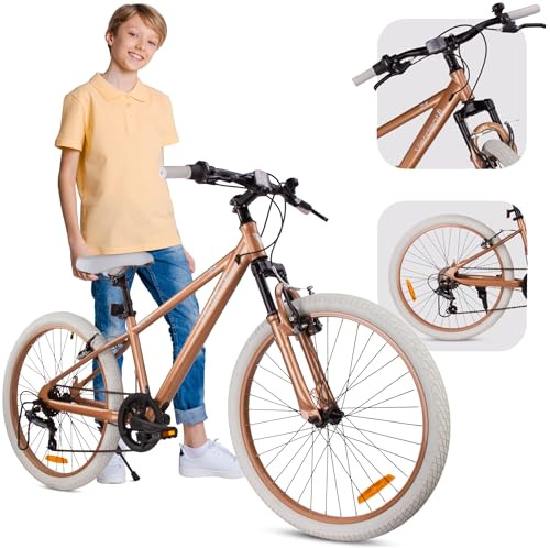 Verdant Barncykel för pojkar 24 tum att, Cykel för barn 8 år med V-bromsar, stötdämpare, klocka, sidostöd (Cappuccino)