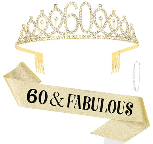 Exipsat Geburtstagskrone Schärpe 60. Geburtstags Tiara, 3 goldene Geburtstags-Krone Schärpe Set, 60 geburtstag deko, goldene Glitzer-Geburtstagsschärpe für Frauen, Gastgeschenke für Geburtstagspartys