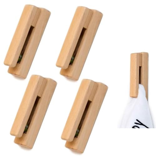 Lot de 4 Porte-Serviettes en Bois Auto-adhésifs en Forme de Crochet Mural en Bois pour Serviette de Salle de Bain et de Cuisine Décoration de la Maison Durable, Facile à Installer