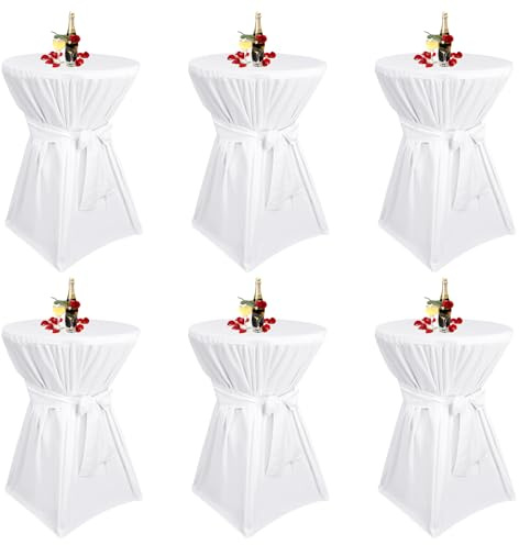 Teruntrue 6 Stück stehtisch hussen weiße,Stehtischhusse weiße für Ø 70-75 cm Stehtische und Bistrotische, Tischdecke aus Polyester mit Fußtaschen
