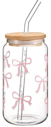 Cosmeria Elegantes Glass Tumbler con Design Bow, Bicchiere di Vetro 16 oz con Coperchio e Cannuccia in Acciaio Inossidabile, Ideale per caffè, Cocktail e Altro