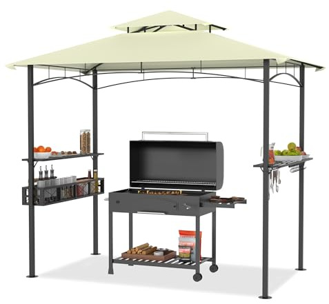 PEILU Tonnelle de barbecue - 245 x 153 cm - Auvent de barbecue autoportant - Résistant aux intempéries - Avec protection solaire - Double toit, étagères et paniers de rangement - Pour jardin et plage
