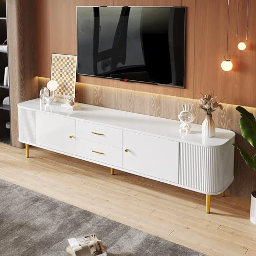 Merax TV-Schrank 170x34x45 cm, gewellten Seiten & goldenen Griffen, 2 Türen, 2 Schubladen, modernes Design, abgerundete Ecken, sicher & funktional, hochwertiges MDF, für Wohnzimmer, Weiß