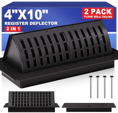 4x10 Floor Register with Vent Deflector, Adjustable Floor Vent Covers, Air Vent Deflector Includes Mounting Screws for Wall & Ceiling for Easy Install, 2 In 1 Vent Covers for Home Floor, Black, 2 Pack