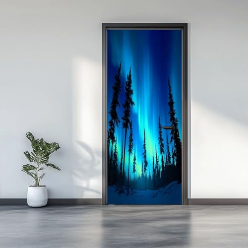 77 x 200 cm Türtapeten 3D selbstklebend, Traumhaft Wald Polarlichter Türposter Türaufkleber wasserdicht abnehmbar Vinyl Türfolie Fototapete DIY Wandbild für Wohnzimmer Schlafzimmer, Blau