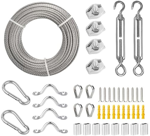 Hanured 30M Set di fune metallica in acciaio inox 304, 5mm Fune Acciaio in PVC Rivestito con Tenditore M8, per Stendibiancheria, Giardino, Tende