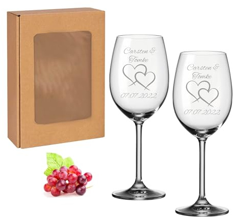 laser-diele Leonardo Weingläser mit Gravur - Zwei Herzen - Personalisiert mit Namen und Datum - Hochzeitsgeschenk für das Brautpaar - 460ml Rotwein