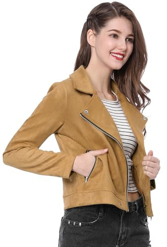 Allegra K Chaqueta Corta de Mujer Soft Moto Zip Up Pockets Chaquetas de Motociclista de Gamuza sintética Caqui M