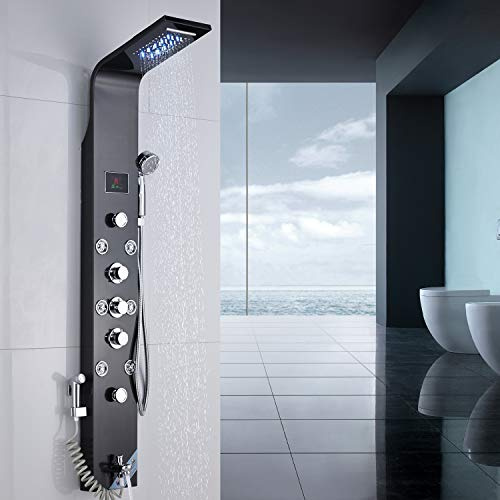 Rozin Edelstahl Duschpaneel LED Duschset Duscharmatur 6 Funktion Wassertemperatur Display mit Regenduschkopf Wasserfallduschkopf 8 Massagedüse ABS Handbrause, Badewanne Wasserhahn und Bidet Schwarz