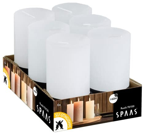 Spaas 6 Rustic Unscented Rustic Pillar Candles 70/130 mm, 60 Hours, White