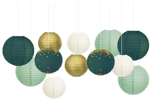 NICROLANDEE Hochzeitsfeierdekorationen - 12 Stück Grün Gold hängende Papierlaternen für rustikalen Stil Frühlingsdekor Brautdusche Babyparty Geburtstag Eukalyptus Neutrales Partydekor
