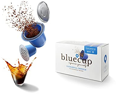 Bluecup Capsules rechargeables compatibles avec les machines Nespresso (originales), couvercles à utiliser avec les capsules Bluecup, en plus du kit de démarrage [200 couvercles]