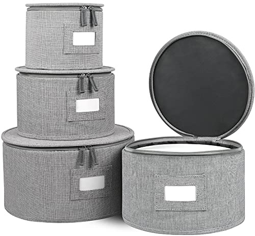 VTVT China Storage Set, Hard Shell 4-Piece Set for Plate Storage and Transport, Protects Dishes have Lable Window for Saucers and Stackable,Felt Plate Dividers Included