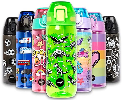fringoo Kindertrinkflasche, hochwertig, mit Strohhalm, 100% BPA-frei, für Schule oder Sport, für Jungen und Mädchen, Grundschule, Schulbedarf, 600 ml