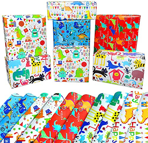 Födelsedagspapper pojke flicka barn, dinosauriepresentpapper, flerfärgat barnpresentpapper, presentpapper, presentförpackning papper presentförpackning