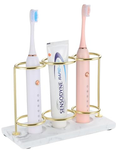 Emibele Porte-Brosse à Dents Électrique en Résine, Support de Brosse à Dents Électrique à 2 Couches avec 3 Fentes, Organisateur de Brosse à Dents Dentifrice pour Salle de Bain, Or + Marbre Blanc