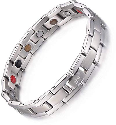 HAQI Bracelet Magnétique en Titane Pur pour Homme et Femme - 5 Éléments, Aimants Puissants 3500 Gauss avec Outil de Réglage et Boîte Cadeau (Argenté)