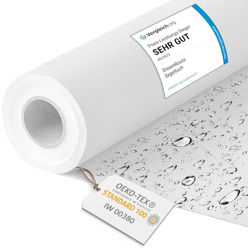 DreamRoots Markisenstoff wasserdicht Meterware, Weiß, Laufmeter | Oxford Segeltuch, Polsterstoff, 160 cm breit, 220 g/m² 600D, wasserabweisend, für außen & Deko