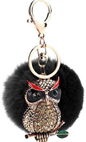 Canarea Schlüsselanhänger Pompons Plüsch Flauschige Taschenanhänger, Faux Kaninchen Pelz Plüschball mit Mini-Eule Strass Anhänger Dekor Kugel bommel Keychain Ring für Handtasche Schlüssel (Schwarz)