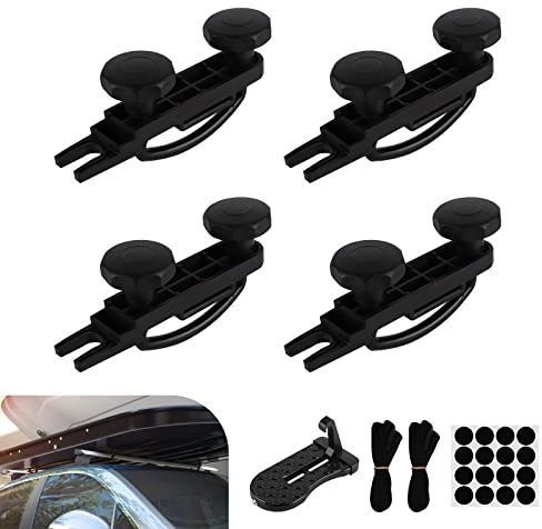 EFUTURETIME 4 Set Dachbox Befestigung, Universal Auto Van Montage Fitting, U Bügel Dachträger 85 mm Innenbreite mit Auto Pedal Türstufe, 2 Urtband 25mm, Rund Punktaufkleber