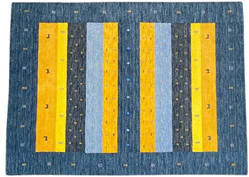 Grau Gabbeh Teppich 100% Wolle 170x240 cm Gold Blau Handgewebt Orientteppich 102