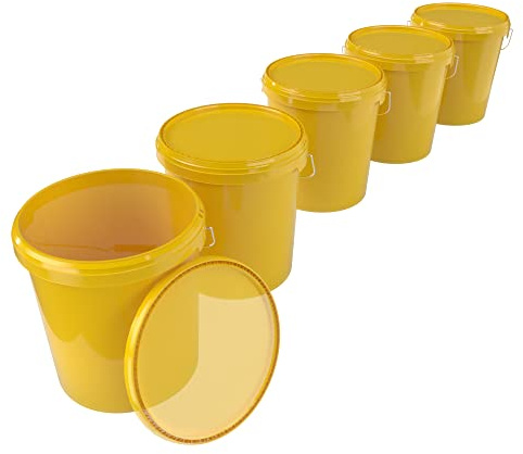 5X Eimer mit Deckel 16 Liter Gelb - lebensmittelecht luftdicht und stabil, Leer Eimer mit Griff und Verschluss Deckel für Lebensmittel Chemie Wand Farbe Waschpulver Klebstoffe geeignet