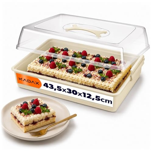 KADAX Kuchenbehälter 43,5 x 30 x 12,5 cm, Kuchenbox mit Deckel & Tragegriff, Kuchentransportbox aus Kunststoff, rechteckig Transportbox für Blechkuchen, Tortenbehälter (Creme)