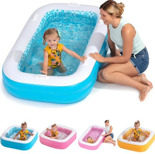3-in-1 Premium Inflatable Kiddie Pool, Ball Pit & Tanning Pool, Soft Cushioned Floor, Handles, Drain, Shallow Rectangular Blow Up Swimming Pool for Kids, Small Backyard Tanning Pool - 65x39x10
