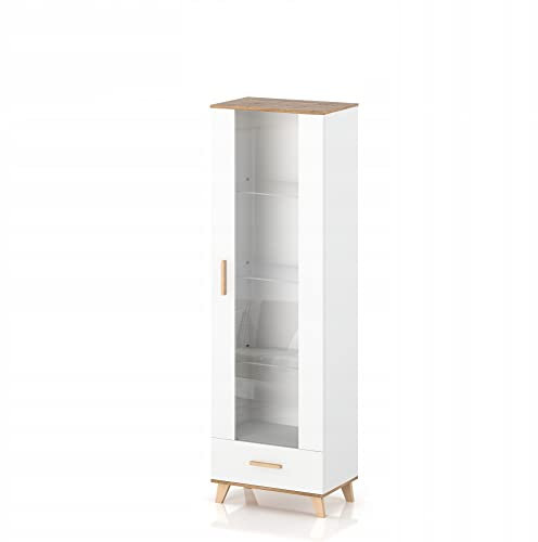 VBChome Vitrine 60 x 192 x 52 cm Weiß Vitrine mit DREI Glasfächer und 1 Schublade 1 Türe Holz Griffe Mehrzweckschrank für Flur Schlafzimmer Wohnzimmer Kinderzimmer