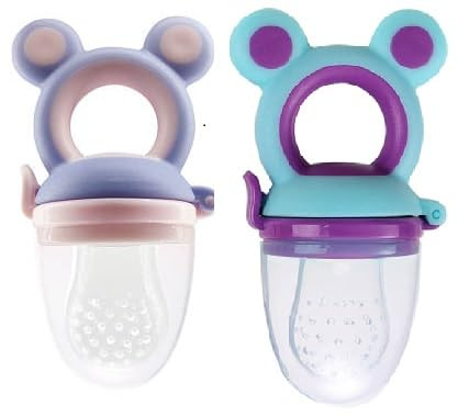 Yummy Baby Fresh Fruit & Food Feeding Teether (2 Pack), Food Grade, BPA-Free, Ultra-Soft Silicone Pouches (Gray/Blue Bears)