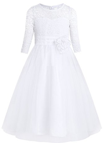 Doomiva Mädchen Festlich Kleid Spitzen Kleider Elegant Hochzeit Blumenmädchen Kleid Partykleid Lang Tütü Prinzessin Kleid Kommunionkleid Weiß 140