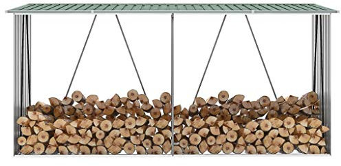 Homgoday Capannone da Giardino in Acciaio Zincato 330x84x152cm Verde, Casetta Attrezzi Giardino, Ripostiglio da Esterno, Portalegna da Interno, Porta Legna per Camino, Legnaia da Interno Decor Mobili