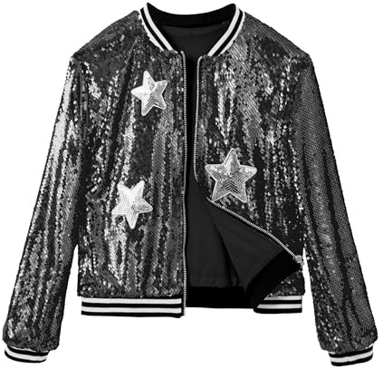 LOLANTA Mädchen Pailletten Bomberjacke mit Taschen Reißverschluß Langarm Glitzer Baseball Jacken für Kinder 4-13 Jahre