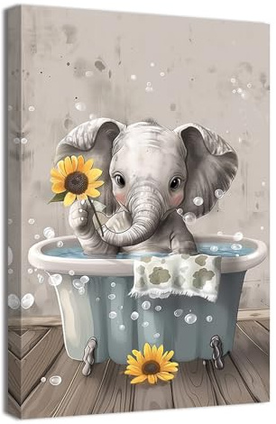 ZQQART Funny Bathroom Canvas Wall Art Elephant in Bathtub with Sunflower Picture Wall Decor Animals Toilet Painting Prints Home Decor Frame(30x45cm)
