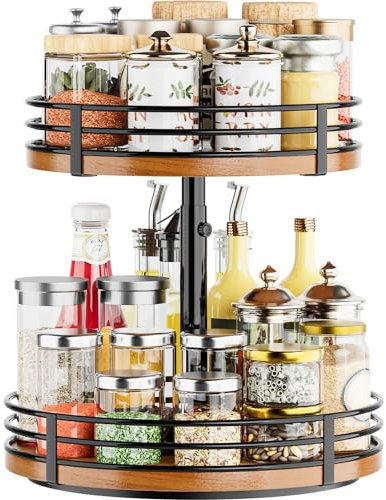 OVICAR Lazy Susan Adjustable Turntable Organizer - 2 Tier Wood Rotating Spice Rack 12 Inch Kitchen Countertop Cabinet Pantry Dining Table Bathroom Coffee