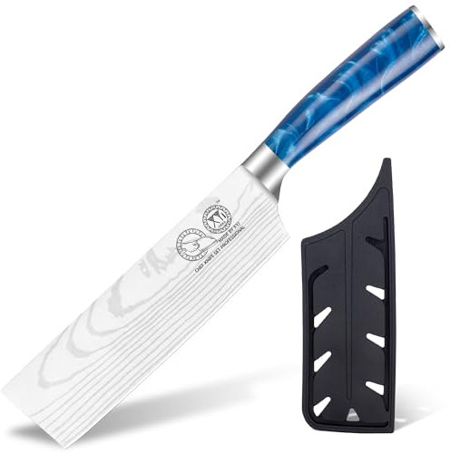 XYJ Coltello da cucina da 7 pollici, coltello Nakiri giapponese, coltello macellaio per verdure e carne, acciaio inossidabile, modello Damascus a laser, coltello da chef professionale con copertura