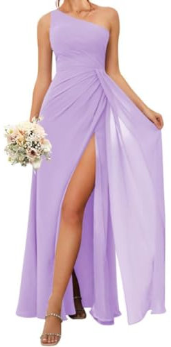 HPPEE Einschultriges Brautjungfernkleid für Damen, gerüscht, Chiffon, A-Linie, Abendkleid, formelles Kleid mit Schlitz, Flieder, 42