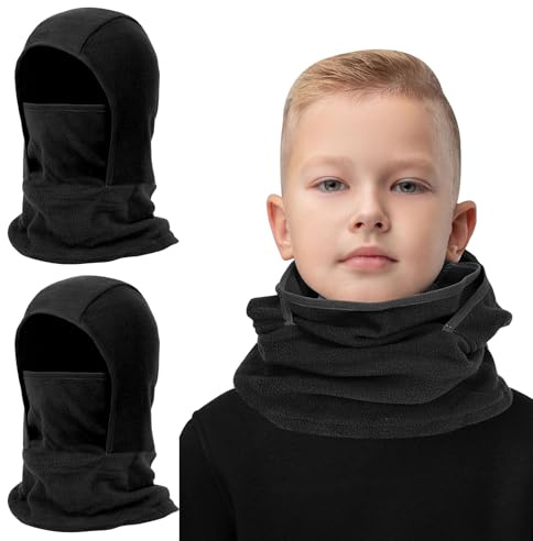 2 Pack Kids Balaclava Face Mask for Boys Girls, Windproof Winter Hat Ski Mask for Cold Weather, Breathable Face Warmer for Sports Skiing Cycling (UK, Alpha, One Size, Black+Black)