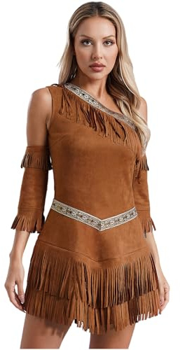 winying Damen Griechische Kriegerin Prinzessin Kostüm Halloween Party Kleid Fransenkleid Karneval Fastnacht Kleid für Erwachsene Braun M