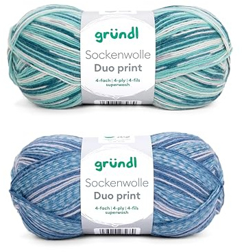 Gründl Ovillo de lana para calcetines Duo – Juego de punto 2 x 100 g + instrucciones (idioma español no garantizado), hilo para calcetines, agradable al tacto y suave, 75% lana virgen, 25% poliamida,
