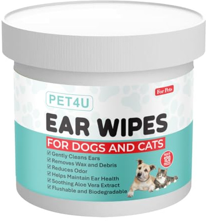 PET4U Cat & Dog Ear Wipes - 120 Biodegradable & Flushable Pads - Deep Cleansing, Removes Wax & Odour - Aloe Vera & Castor Oil for Soothing Relief - Safe for Puppies, Kittens & Sensitive Ears